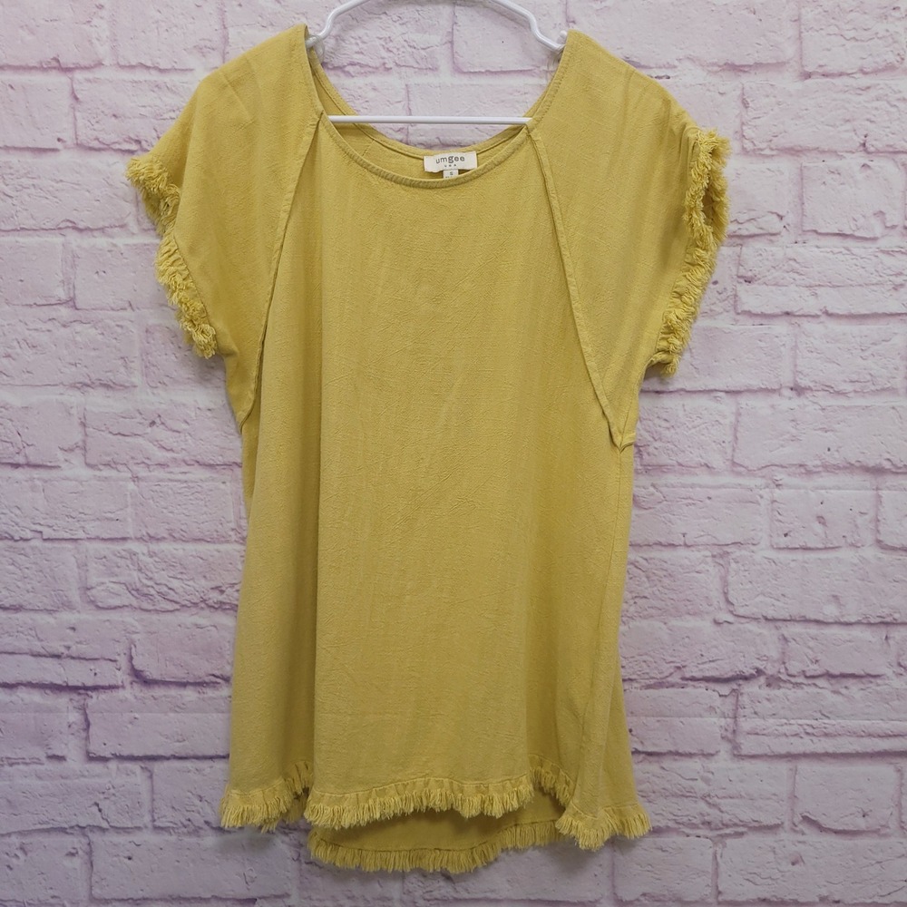 Umgee Cotton Linen Fringe Blouse S Yellow Crew Neck Distressed Boho Y2K Gorpcore